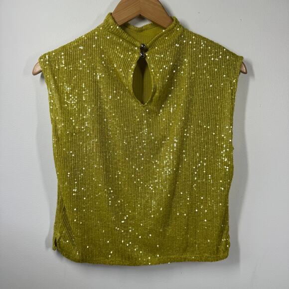 Anthropologie Top Women M Chartreuse Sequin Mock Neck Blouse Party Shell Tank - Picture 6 of 8